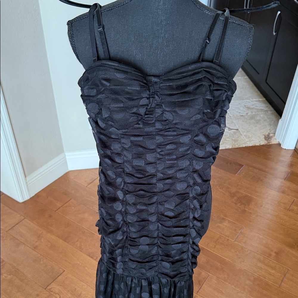 Black Ruched removable Strap Dress with polka dot lace overlay